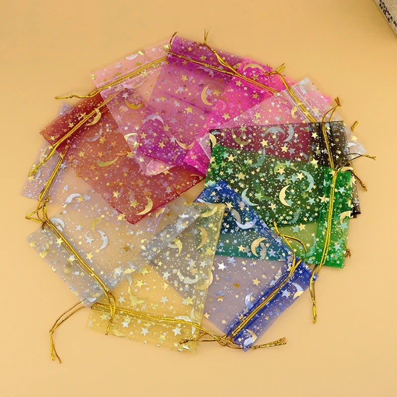 

100pcs/lot Mixed Color Organza Jewelry Gift Bags 9*12cm Drawstring Bags Star Moon Pattern Organza Bags& Pouch Free Shipping