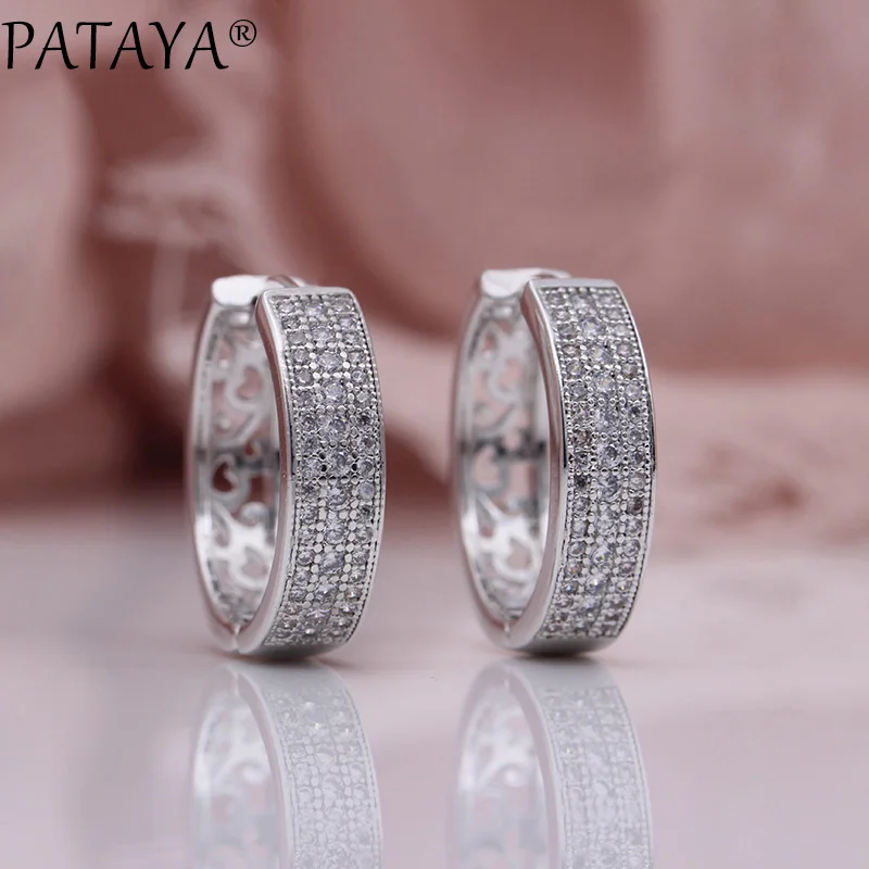 PATAYA New Hollow Round Earrings Women Fashion Fine Wedding Party Jewelry 585 Rose Gold Color Natural Zircon Dangle Big Earrings