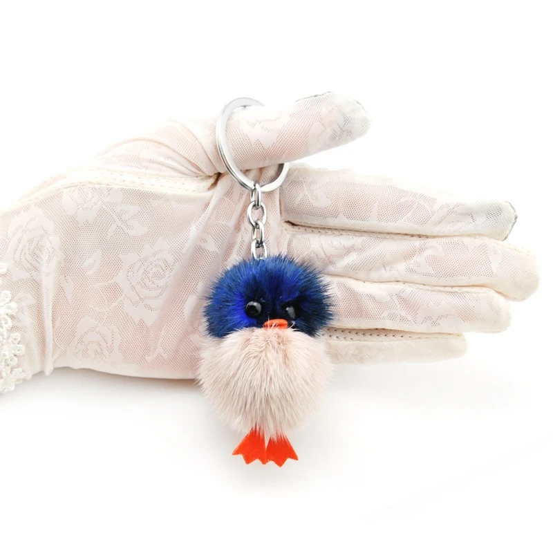 Genuine Mink Fur Chicks Keychain Women Cute Duck Doll Key Ring Chain Pompom Keyring Female Trinket Toy Bag Charms Car Key Holder