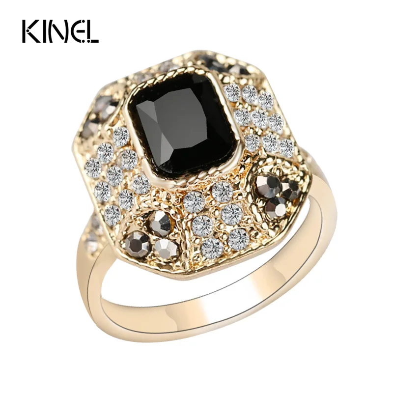 Kinel Crystal Ring Fashion Dubai Color Gold Vintage Jewelry Square Black Main Stone Rings For Women Love Gifts 2016 New