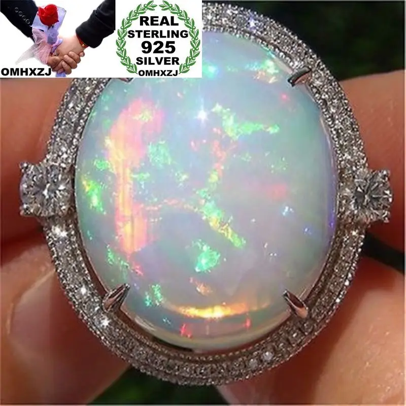 OMHXZJ Wholesale European Fashion Woman Man Party Wedding Gift White Round Opal AAA Zircon 925 Sterling Silver Ring RR87