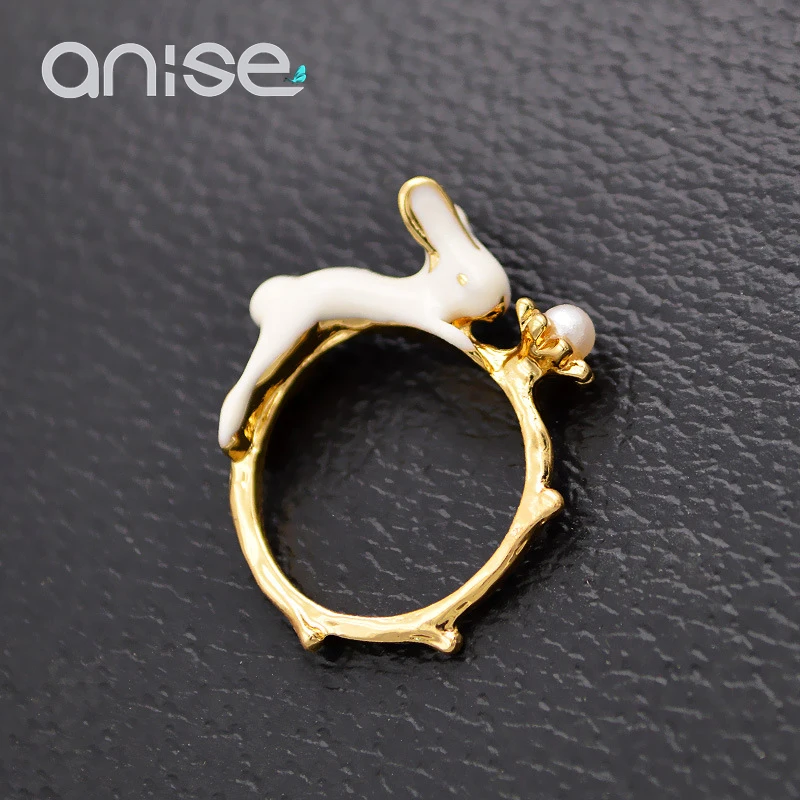 Anise Bunny White Rabbits Rings Fashion Cute Alloy Imitation Pearl Index Finger Rings Charm Ring Anillos Mujer