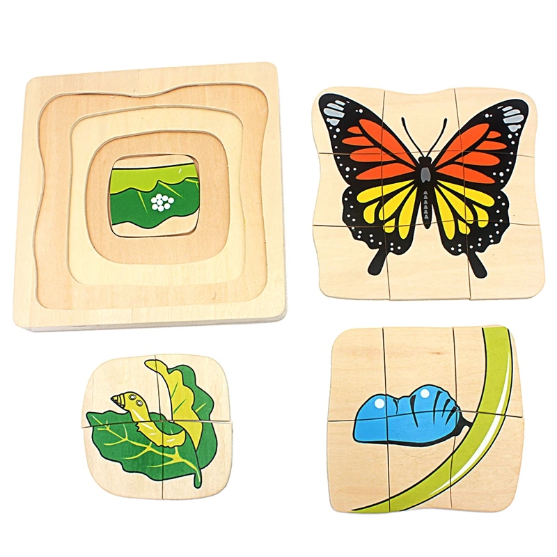 Kids Montessori Wooden Toys 3D Puzzle Life Cycle of Animals Plant Chock Frog Butterfly Sunflower Man Woman Baby Toy for Infant