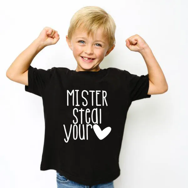 

Mister Steal Your Heart Summer Funny Kids Clothes Casual Short Sleeves Outfits Tshirt Cute Letter Print Tshirts Tops