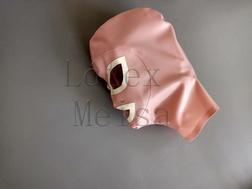 Latex masks adult's rubber hoods open eyes nostirls and mouth with white trims in baby pink color