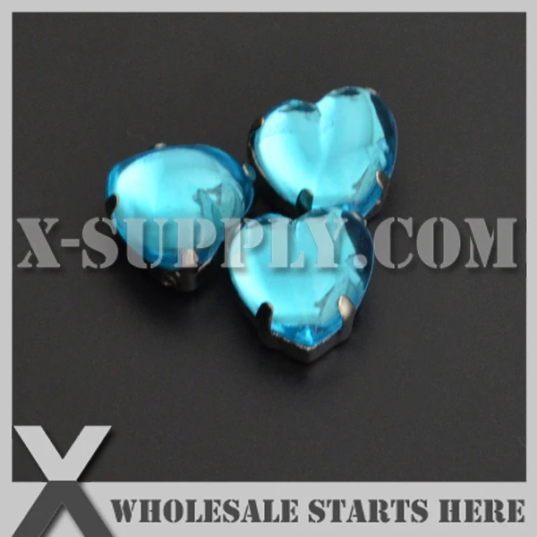 10mm Mounted #25 Turquoise Heart Cabochon Acrylic Rhinestone Chaton in Silver NICKEL Sew on Setting for Shoe,Garment