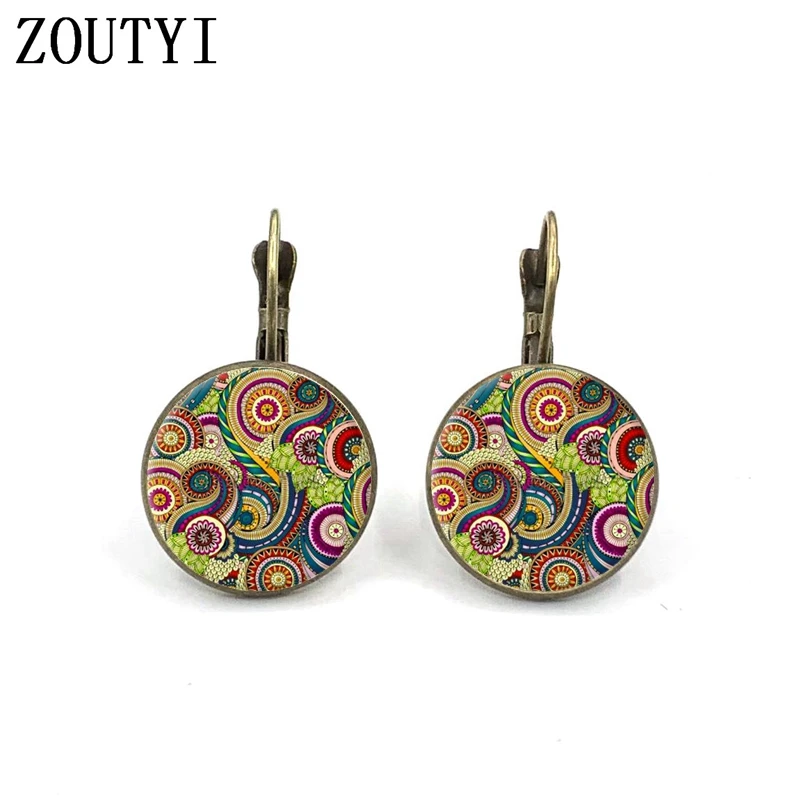 New/Hot Sale Colorful Indian Mandala Om Henna Yoga, convex glass inlay earrings, men and women wear jewelry.