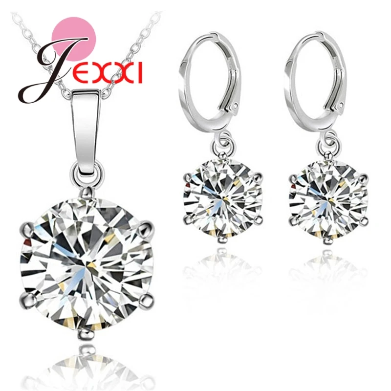 New Fashion Woman Gift Set 8mm Shiny Zircon Crystal 925 Sterling Silver Lever Back Earrings Pendant Necklace Jewelry Set