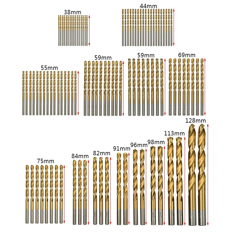 99pcs 1.5-10mm one set HSS 4241 high speed steel straight shank titanium-plated twist drills 1.5mm/2mm/2.5mm NO.B1360-1