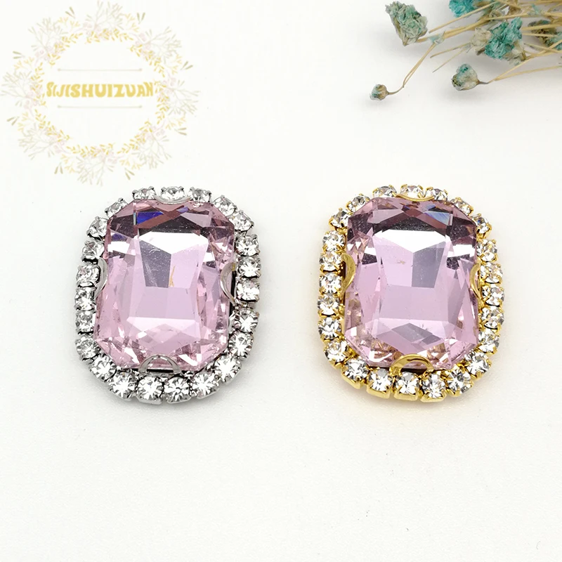 Shiny Pink Rectangle Shape Glass Crystal Sew On Rhinestones Gold/Silver Bottom With Crystal Buckle Diy Wedding Dresss