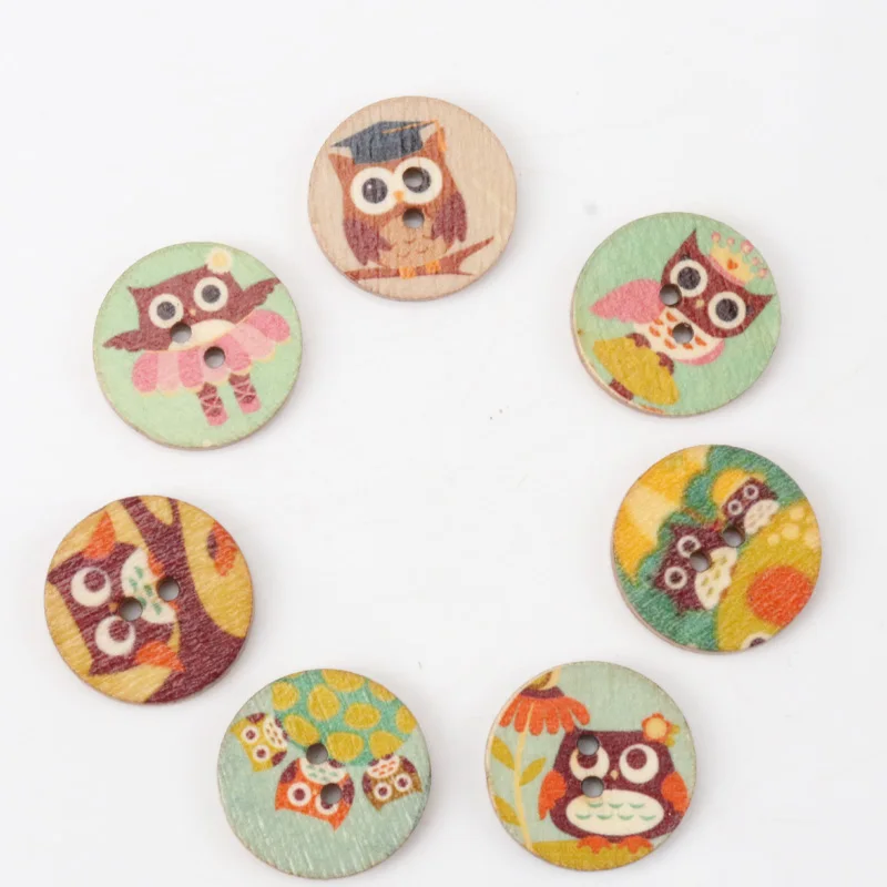 Mix Cartoon Owl Wooden Buttons Round Botones Handmade Accessories Decoration Sewing Scrapbooking Crafts DIY 20mm 20pcs MZ150-FD