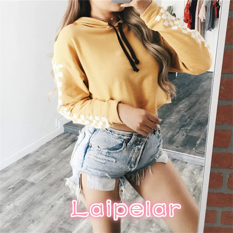

Autumn Winter Women Casual Side Plaid Pullover Jumper Hoody Harajuku Long Sleeve Crop Top Sweatshirt Ropa Mujer