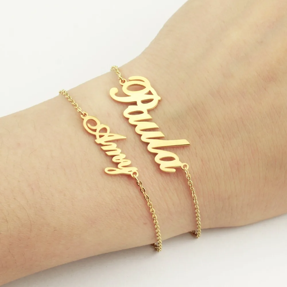 Pulsera de acero inoxidable con cualquier nombre para mujer, brazalete personalizado hecho a mano, placa de nombre, joyería con letras exquisitas