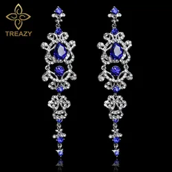 TREAZY Gorgeous Royal Blue Crystal Bridal Long Drop Earrings Silver Plated Chandelier Earrings for Women Wedding Accessories