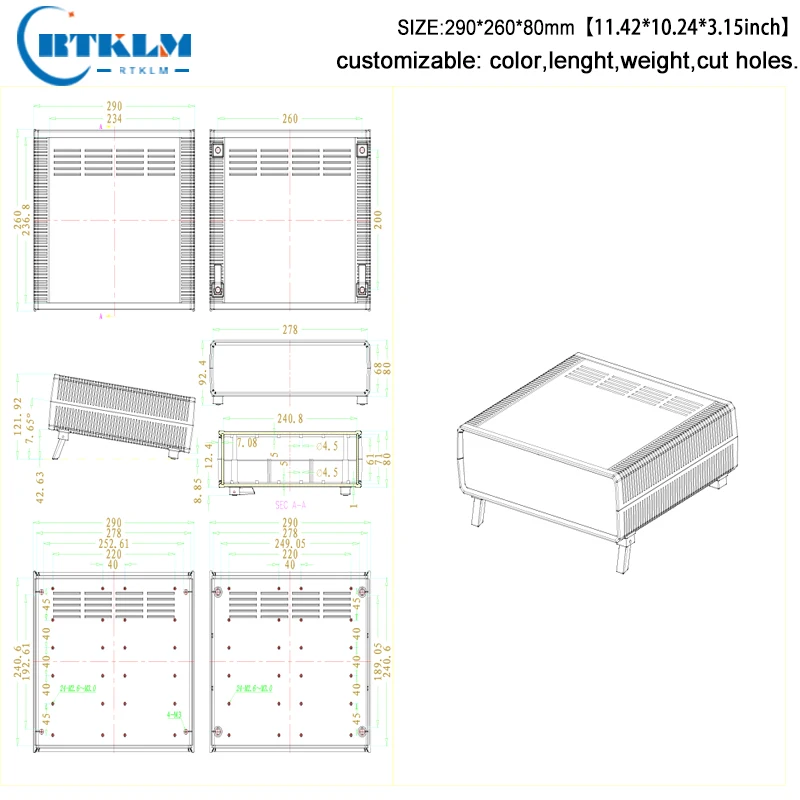 ABS electronicjunction box plastic speakpers enclosure custom plastic project box diy instrument case 290*260*80mm