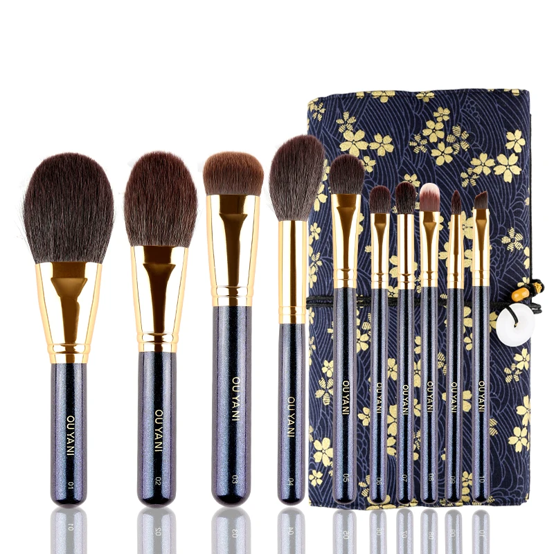 OUYANI Shining-SERIES Brush set High Quality Saikouhou Goat hair Professional 10-Brushes with Case Beauty Makeup Brush Kit