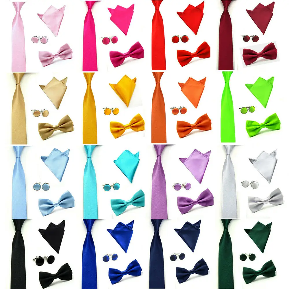 

Men Solid Color Satin Bow Tie Necktie Handkerchief Pocket Square Cuff Link Set BWSET0024