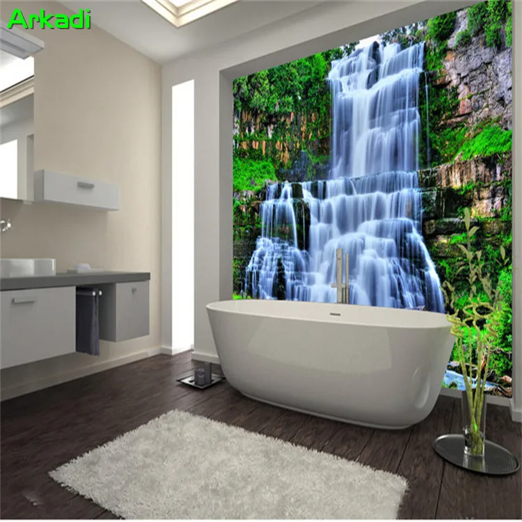 

Cliff waterfall shower bathtub art wall murals forest water home decor creative design wallpaper any size