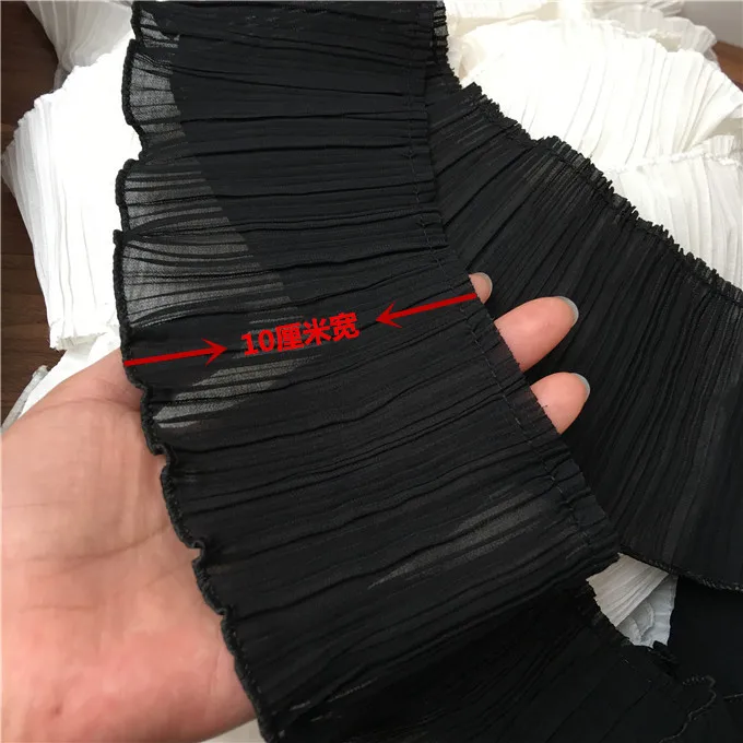 10CM Wide White Black Pleated Chiffon Lace Collar Elastic Ruffle Trim For Garment Dress Folded Sewing Guipure Fringe Accessory