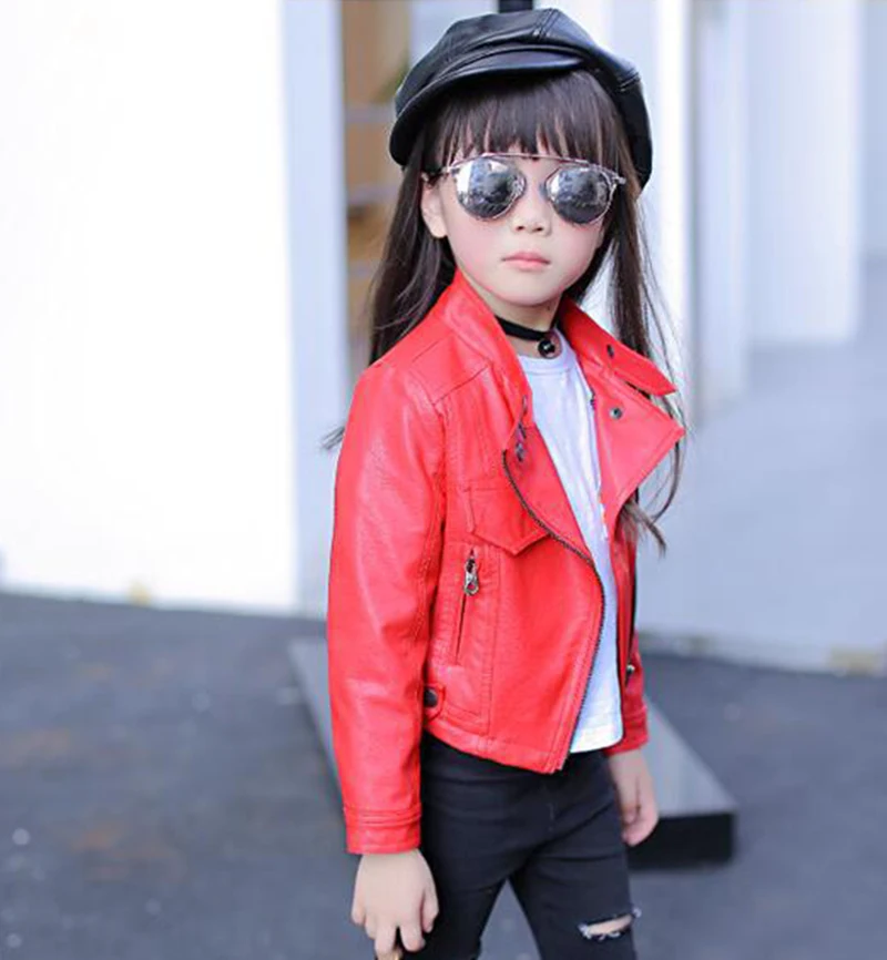 New Autumn Girls Jacket pu Leather Zipper Jacket For Girls 3-12Yrs Fashion Solid Leather Coat Children Clothing Outerwear
