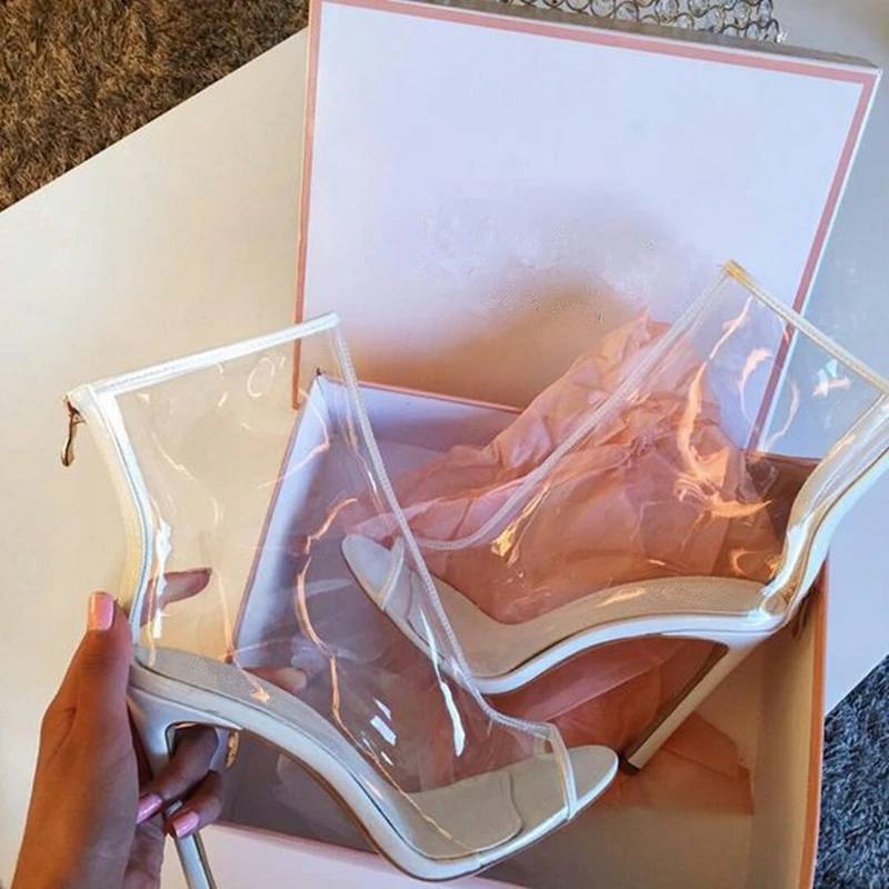 Sexy Summer Ladies Lucency PVC Peep toe Ankle Boots Hemmed Stiletto High Heels Women Transparent Street Fashion Bottines