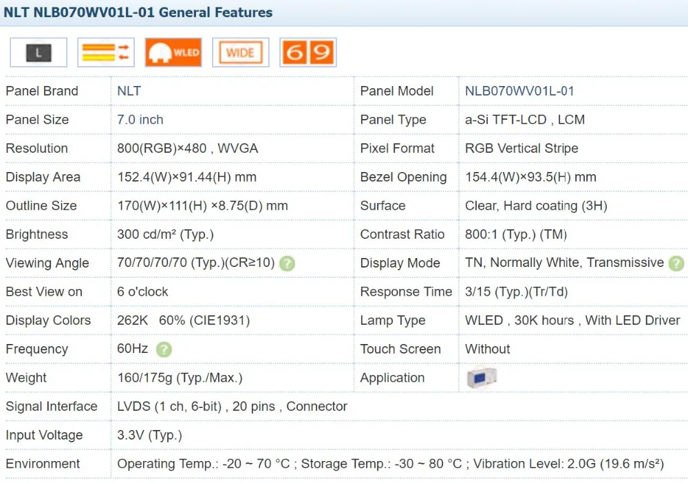 Imagem -03 - Original Brandnew 7.0 Polegada Lcd Industrial 800*480 Testado Antes da Expedição Nlb070wv01l01