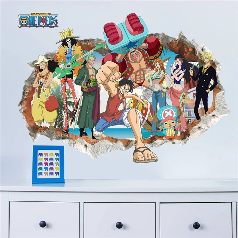 Cartoon One Piece Roles Broken Hole 3d Wall Stickers For Kids Room Home Decoration Anime Mural Art Diy Boys Wall Decals