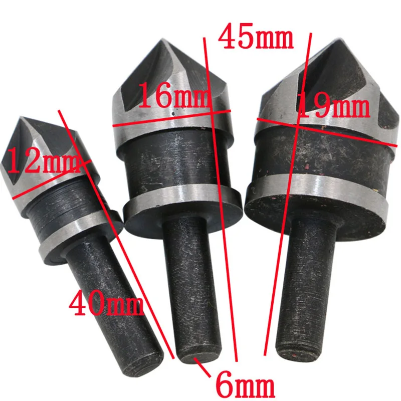 6mm Round Shank Countersink Drill Bit 5 Flute 90 Degree Woodworking Chamfer Counter Sinks 12-19mm Chamfering Debur Countersink