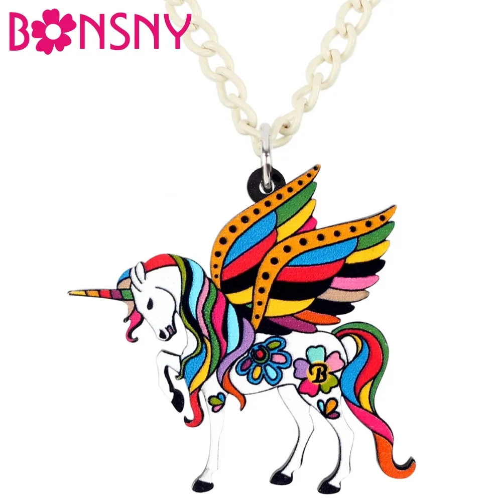 Bonsny Acrylic Holy Fairy Unicorn Flying Horse Necklace Pendant Chain Collar Fashion Anime Jewelry For Women Girls Teens Gifts