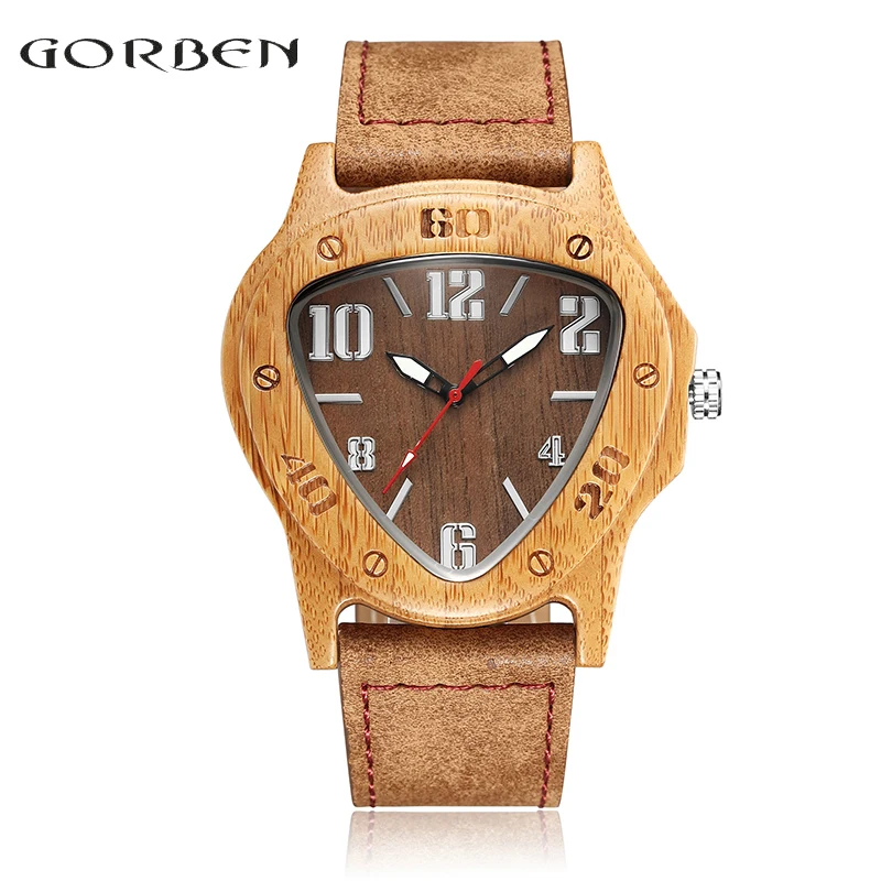 Reloj de madera minimalista para hombre, pulsera de cuarzo, con correa de cuero natural, estilo triangular, Retro