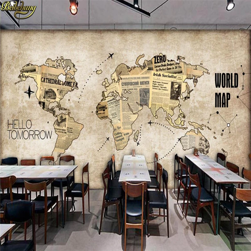 beibehang Custom Photo Wallpaper Mural Europe and the United States Retro World Map Newspaper Bar Cafe Background Wall