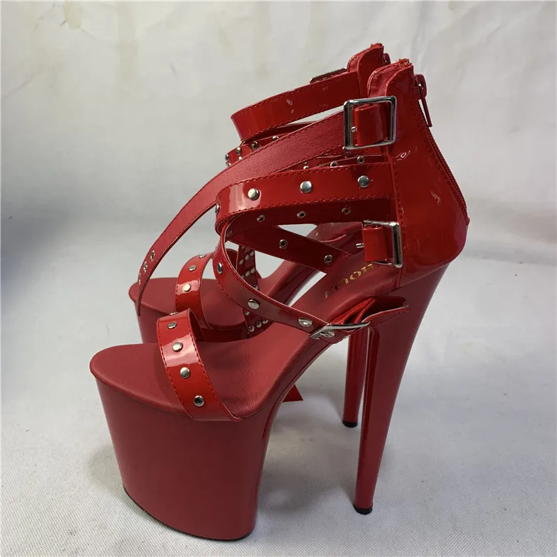 Fashion women's shoes 20 cm high heels, rivet decorated gladiator sandals, steel pipe with buckle, dancing shoes