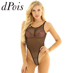 Mulheres uma peça arrastão ver através de lingerie, sem mangas, sem encosto, tanga alta corte, maiô leotard, pijamas, moda banho, verão