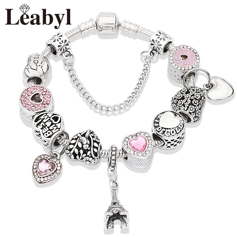 Romantic Pink Love Heart Bead Bracelet with Charm Silver Color Eiffel Tower Pendant Bracelets Jewelry Drop Ship