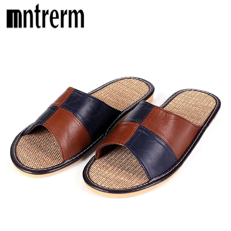 Mnterrm Hot Sale Men Home Slippers Linen Home Slippers Indoor Bedroom Sandals Couple Sheepskin Leather   Floor Slippers