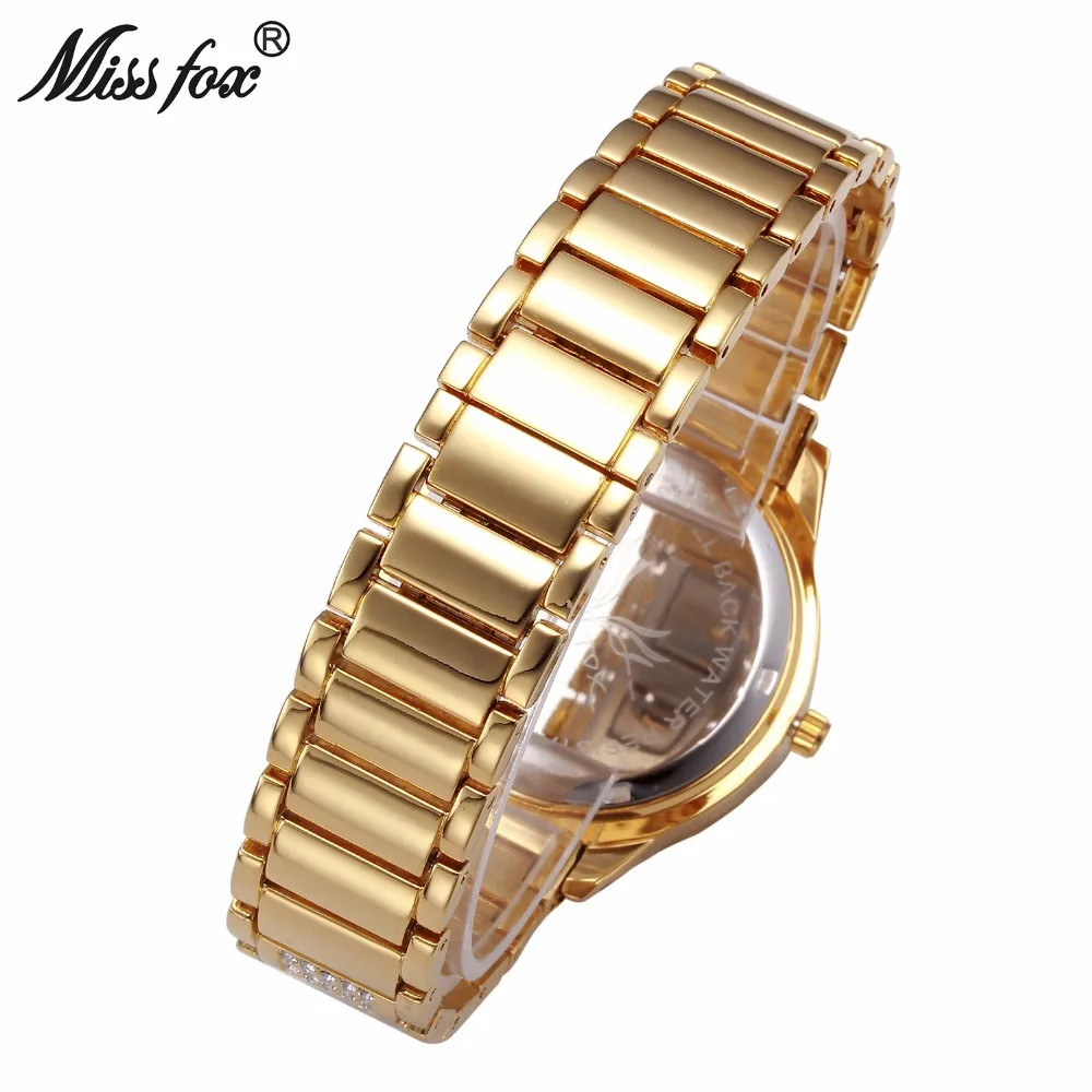 MISSFOX-relojes de fiesta dorados para mujer, reloj de pulsera de cuarzo femenino con diamantes de moda China, marca de lujo