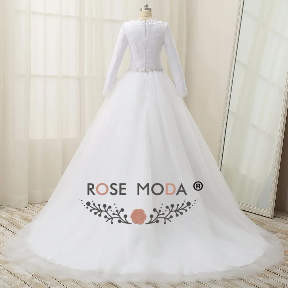 Rose Moda – robe de mariée musulmane, col haut, manches longues, avec ceinture, Photos réelles, sur mesure