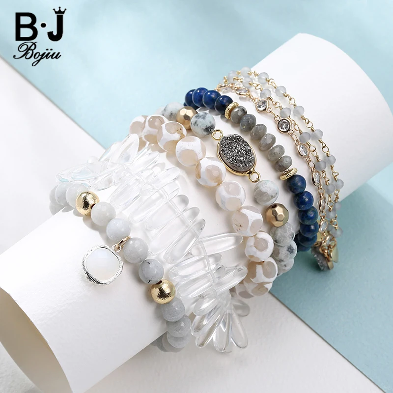 Bojiu 6 Pcs/Set White Natural Stone Bracelets Stack Silvery Druzy Gold Leaf Pendant Zircon Chain Woman Quartz Bracelet BCSET32