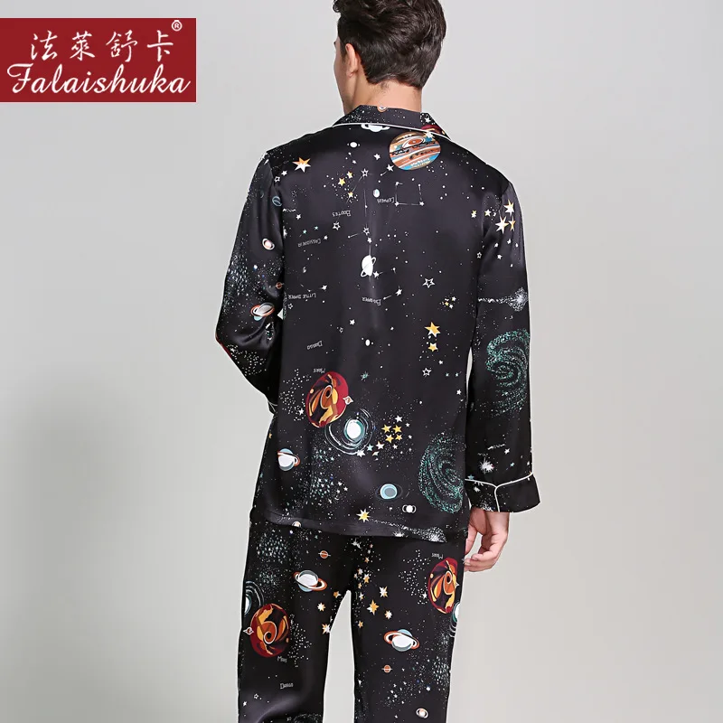 100% Silk Man Pajamas Romantic Starry Sky Printed Long-Sleeve 19 MM Sleepwear Male Two-Piece Silkworm Silk Pyjama Sets T9020