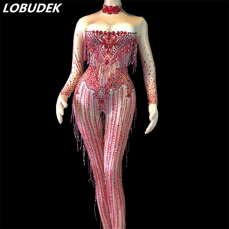 

Red Rhinestones Tassels Jumpsuit Stretch Crystals Bodysuit Sexy Bar Party Women Stage Outfit Birthday Celebration Dance Costume