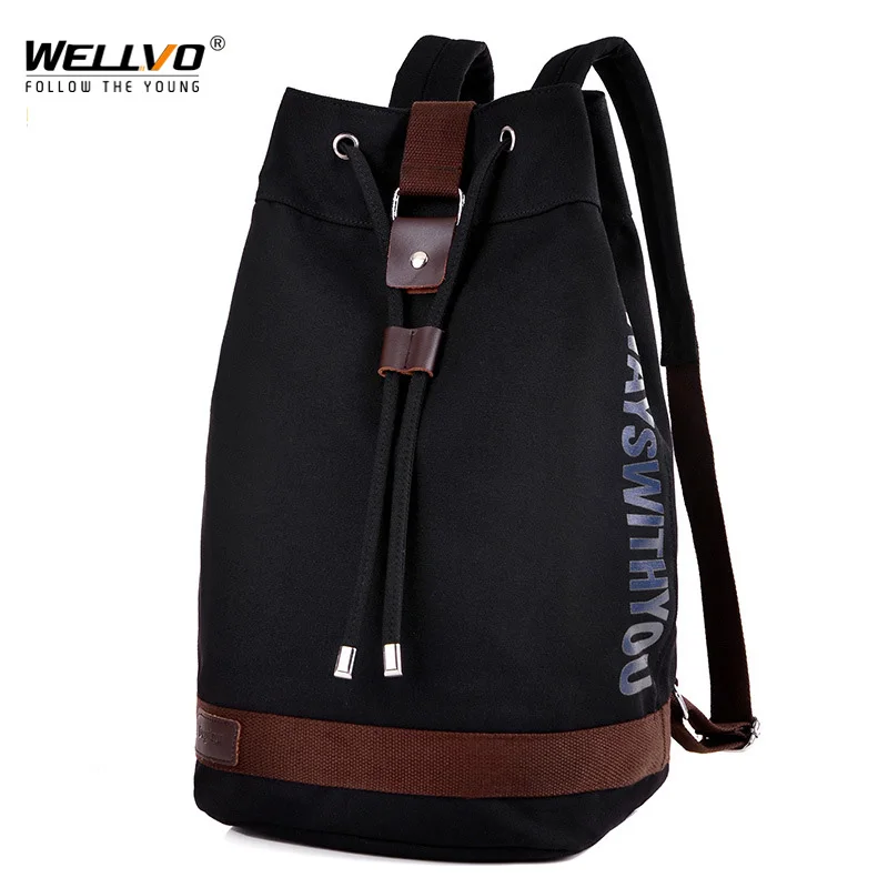 Men\'s Multifunctional Canvas Bucket Backpack Letter Printing Drawstring Shoulder Bags Large Army Travel Rucksack XA2141C