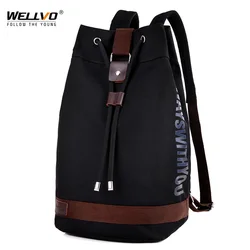 Men's Multifunctional Canvas Bucket Backpack Letter Printing Drawstring Shoulder Bags Large Army Travel Rucksack XA2141C