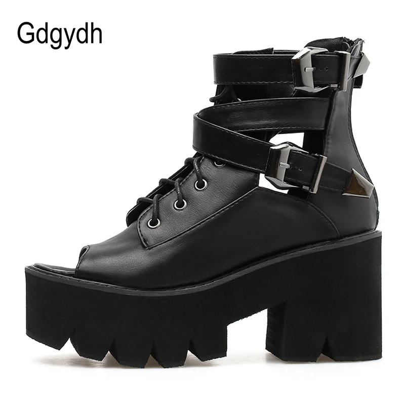 Gdgydh Open Toe Summer Boots Shoes Women Platform Shoes Ankle Buckle Strap Black Leather Female Footwear Chunky Heels Gothic