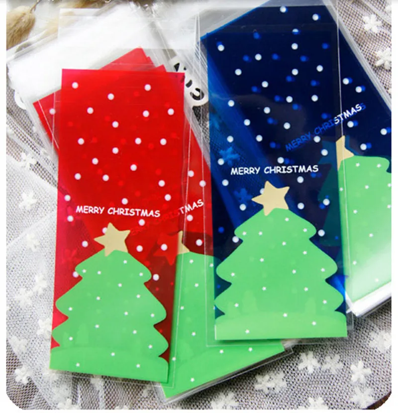 50pcs/lot Christmas cookies bags transparent red blue christmas tree self-adhesive bags diy gift packaging bag