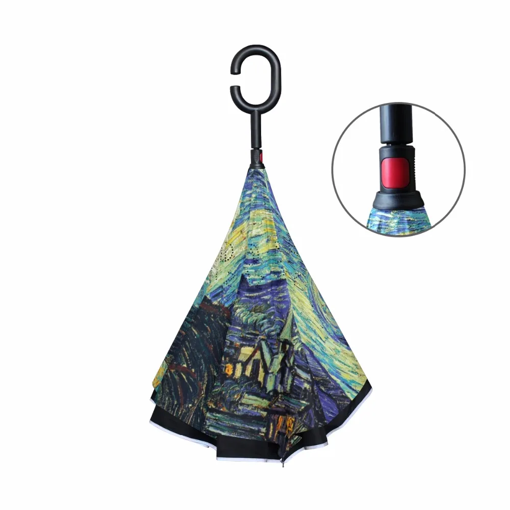 Van Gogh Starry Night Reverse Umbrella Double Layer Inverted Parasol Rain Women Strong Windproof Fluorescent Strips Paraguas Men