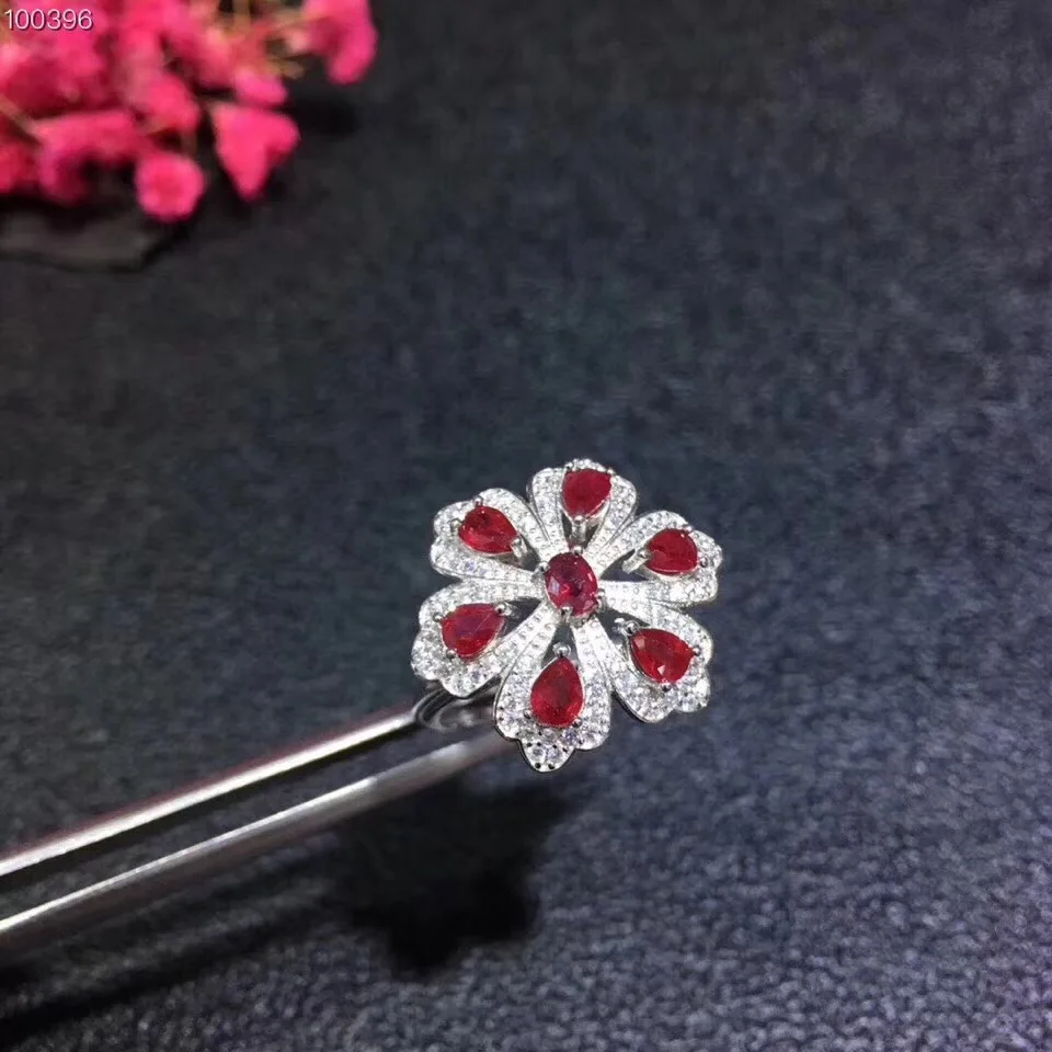 Flower Ring Natural ruby ring Free shipping Natural and real ruby 925 sterling silver 3*4mm 7pcs gemstone