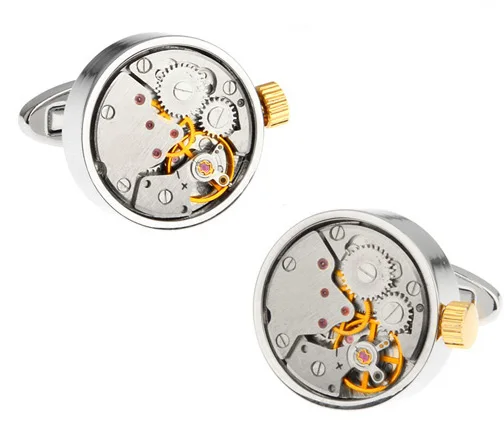 Men Gift Watch Movement Cufflinks Wholesale&retail Silver Color Brass Material Functional Watch Design  Winding Watch