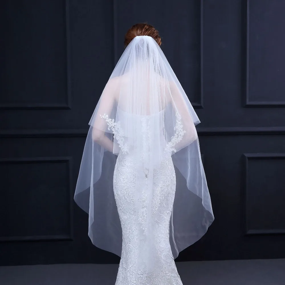 JaneVini Simple งาช้าง Tulle ผ้าคลุมหน้าเจ้าสาว 2 ชั้นพร้อมหวีปลายนิ้วความยาว Veil Appliques Elegant เจ้าสาวอุปกรณ์จัดงานแต่งงาน