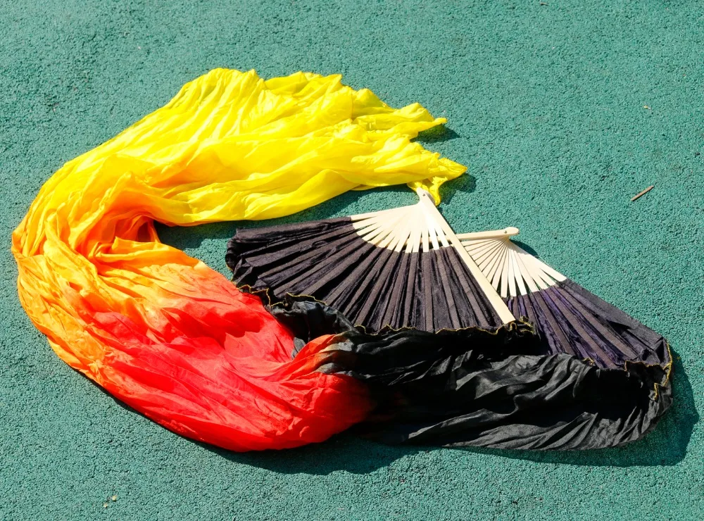 High Quality Belly Dance Fans 100% Real Silk 1 Pair/1 PC 180*90 CM Unisex Dance Performance Props Fans Black+Red+Orange+yellow