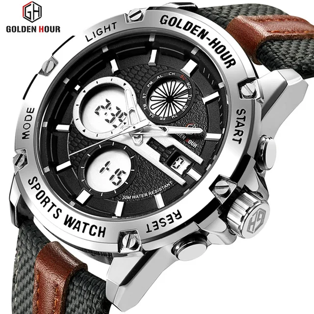 GOLDENHOUR Men Fashion Army Military Watch Mens Dual Display Waterproof Quartz Wristwatches Luminous Hands Sport Clock Relogio